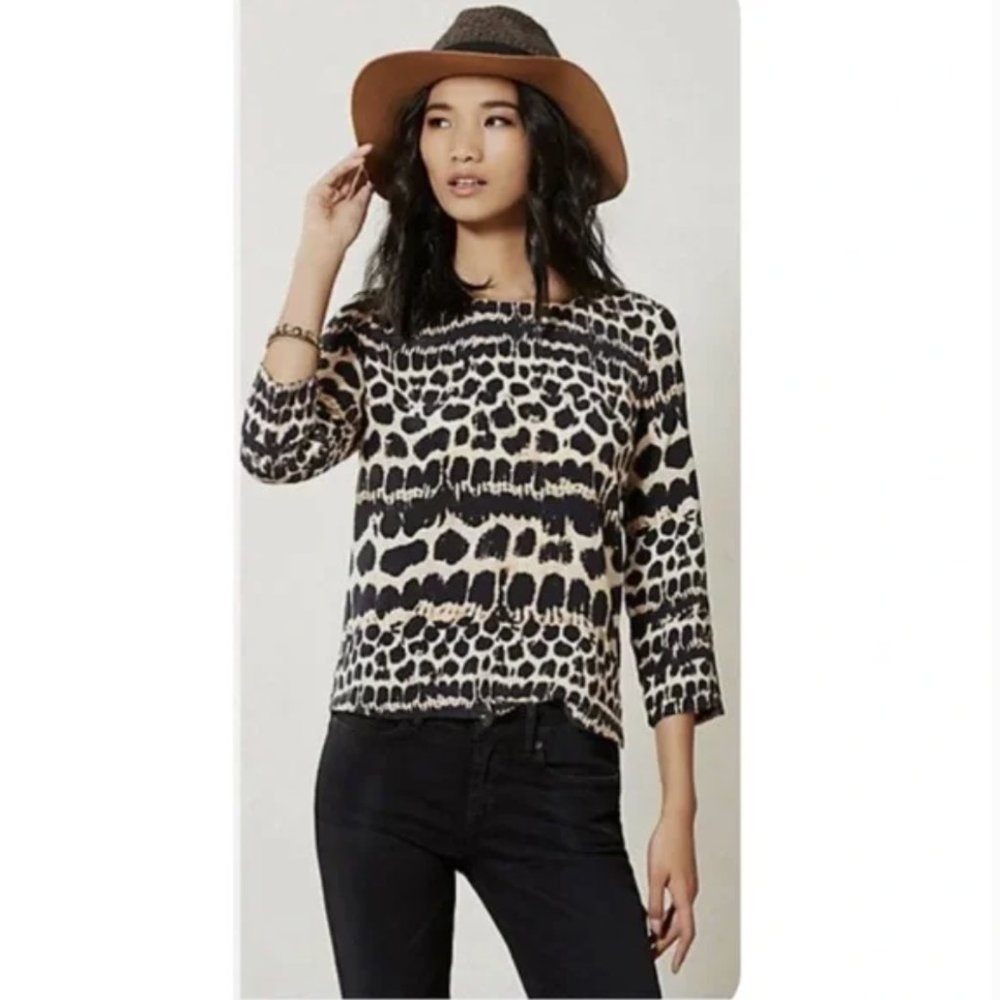 Anthropologie Maeve 100% Silk Top Womens Size Small Leopard Animal Print Blouse